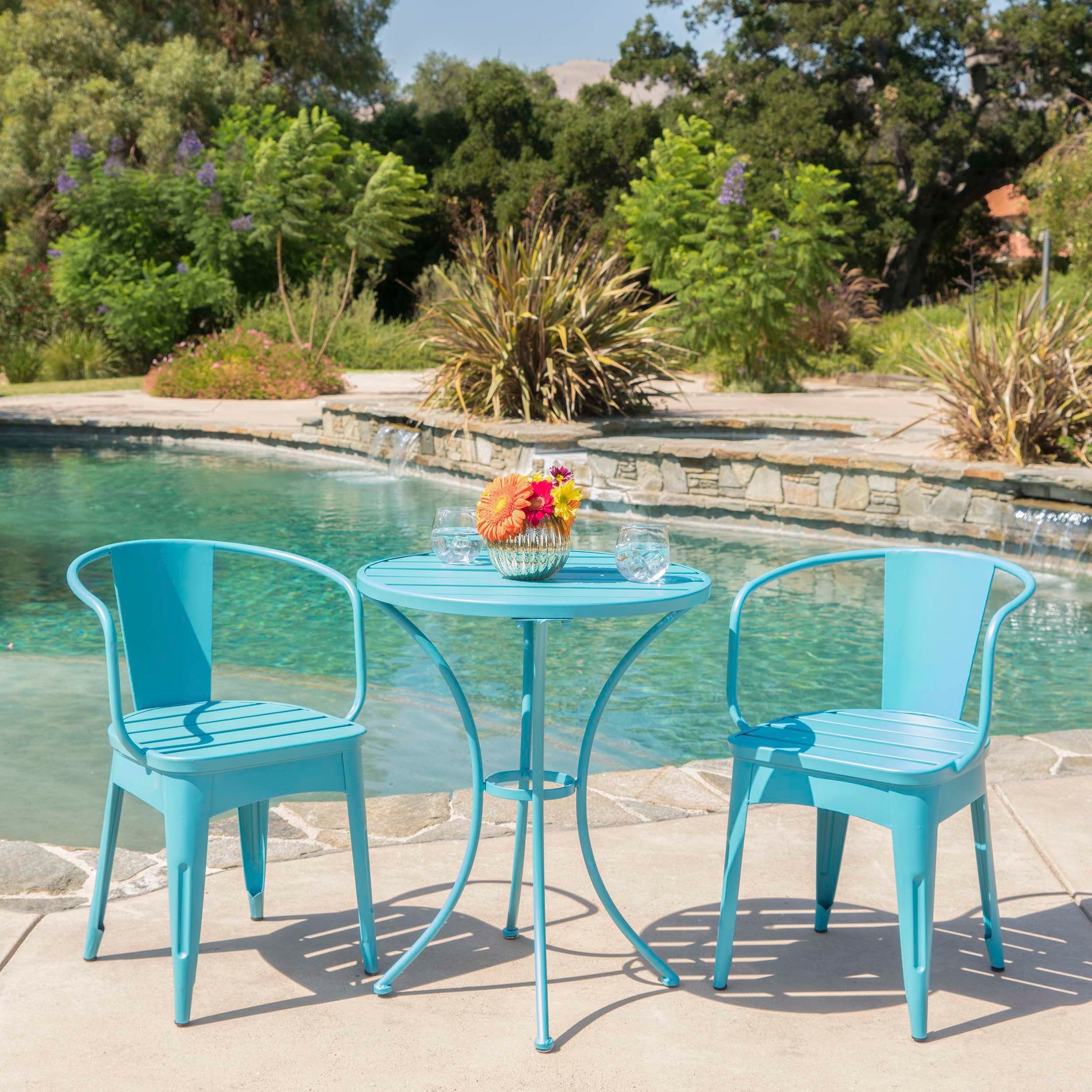 Colmar 3pc Cast Iron Patio Bistro Set - Matte Blue - Christopher Knight Home: Weather-Resistant, 2 Arm Chairs