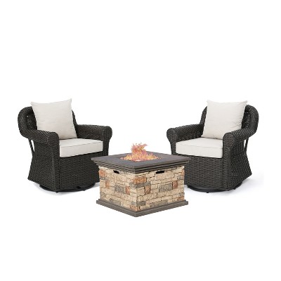 GDFStudio Juniper Outdoor Wicker 3 Piece Swivel Chair and Fire Pit Set with Cushions, Brown