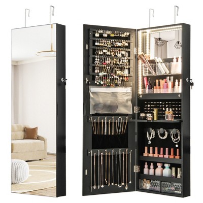 Tangkula Wall Mounted Jewelry Cabinet Full-Length Mirror Lockable w/ 3-Color Lights