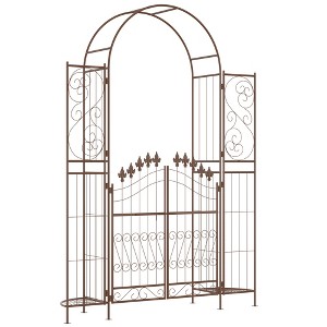 Outsunny 7' Metal Garden Arbor, Garden Arch with Gate, Fleur De Lis Motif, Latching Doors, Planter Shelves, Brown - 1 of 4