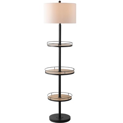 Matte Black 3-Shelf Floor Lamp with Wood Shelves