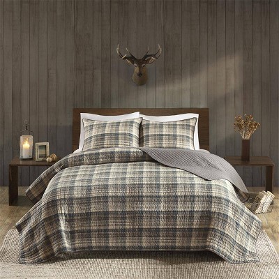 Tan and Brown Plaid Cotton King Quilt Set