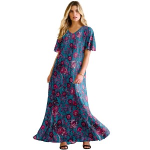 Roaman's Plus Size Hand Crinkled Flutter-Sleeve Maxi Dress - 1 of 4