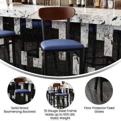 Wright 59'' Blue and Walnut Modern Commercial Barstool with Steel Frame