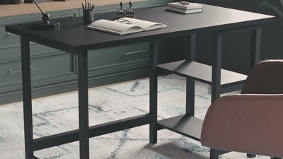 Black Wood Grain Trestle Desk with Open Shelving