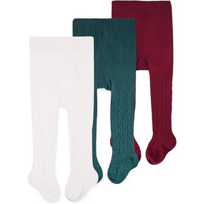 Cozyway Cable Knit Cotton Leggings/Tights for Baby Girls, 3 Pack, White/Green/Burgundy, 0-6 Months