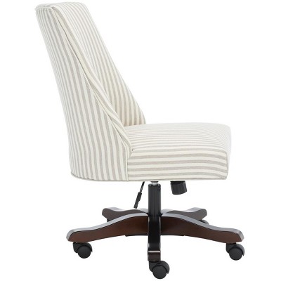 Beige Stripe Armless Swivel Desk Chair with Wooden Base