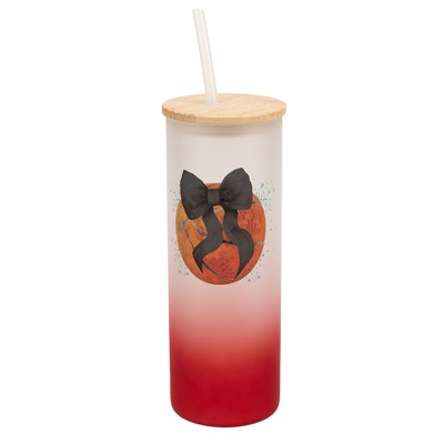 Elanze Designs 25 Ounce Frosted Glass Gradient Travel Tumbler With Straw and Wooden Lid, Basketball Teal Paint Splatter Red