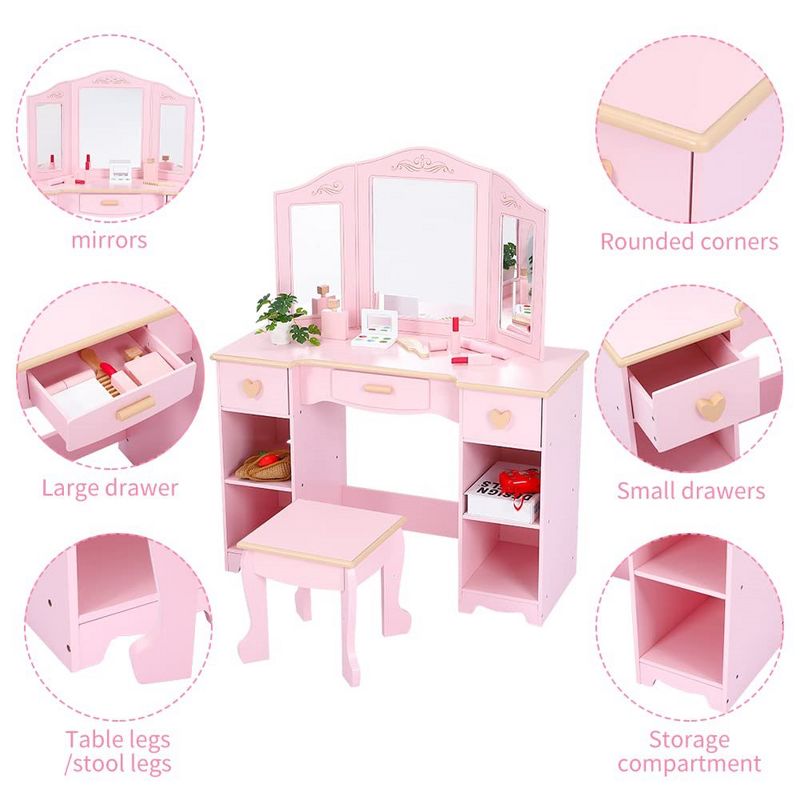 Kids Vanity Set with Mirror and Stool, Wooden Girls Makeup Playset, Princess Vanity Table for Kids, Toddlers, Pink, 3 of 7