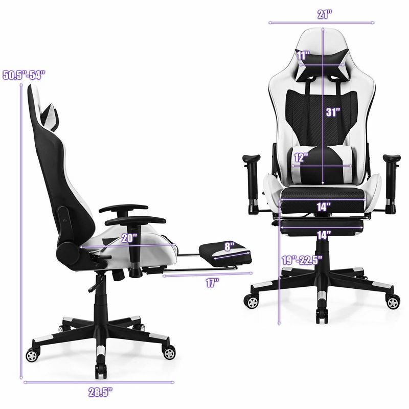 Costway Massage Gaming Chair Recliner Racing Chair w/ Massage Lumbar Support & Footrest, 3 of 11