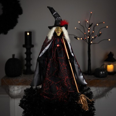 Victorian Style Black and Red Witch Figurine with Broom - 18"