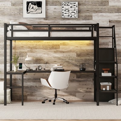 VYNXARIA Twin XL Size Loft Bed with L-shaped Desk, Metal Loft Bed with Wardrobe and Adjustable Shelf for Kids Teens Adults, Black