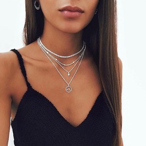 HTUTWOO Boho Layered Wave Pendant Necklace Choker Silver Tassel Necklace Crystal Necklace Vintage Multi Layer Necklace Chain Jewelry for Women - 1 of 4