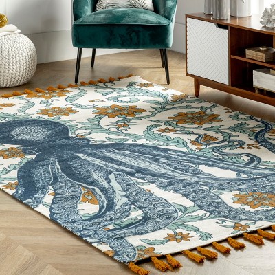 Handmade Octopus Floral Cotton Area Rug, 7'6" x 9'6", Multicolor