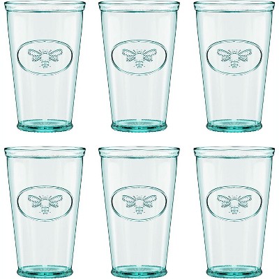 Amici Home Bee Hiball Glass, 16 Oz, Italian Made, Recycled Glass with Green Tint, Drinking Glass with Embossed Bee Design, Set of 6