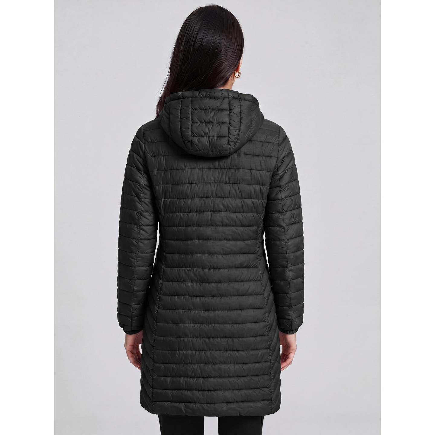 Женская куртка INSPIRE CHIC Mid-Length Standard Fit Zip-Up Stand Collar Elastic Cuffs Lightweight Detachable Hood Quilted Puffer Coat Medium Black, цвет: Чёрный — фото 3