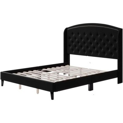 Bed Frame, Velvet Upholstered Platform Bed Frame with Button Tufted Headboard, Wood Support, Easy Assembly, No Box Spring Needed King Size black