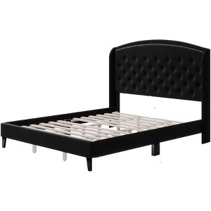 Bed Frame, Velvet Upholstered Platform Bed Frame with Button Tufted Headboard, Wood Support, Easy Assembly, No Box Spring Needed King Size black - 1 of 4
