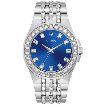 Bulova Men's Crystals Phantom Silver Stainless Steel Quartz Watch, Blue Dial