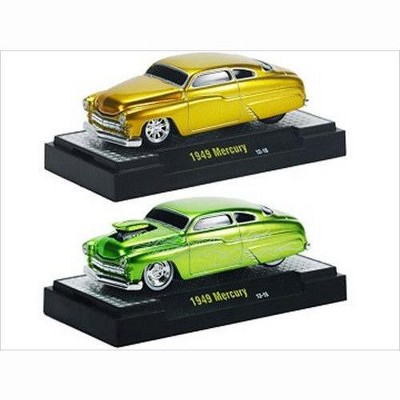 Ground Pounders 1949 Mercury Green & Gold 2 Cars Set IN CASES 1/64 Diecast Model Cars by M2 Machines