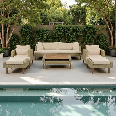 6-Pieces Outdoor PE Rattan Conversation Sofa Set with Coffee Table and 2 Ottoman