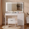 VECELO Vanity Desk Set with LED Lighted Mirror & Power Outlet, Makeup Table with Drawers, Storage Stool & Hair Dryer Stand for Bedroom, White - 2 of 4