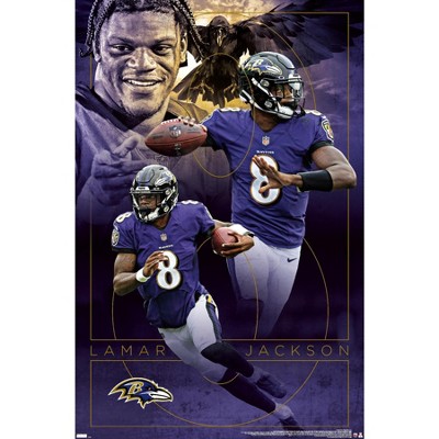 Trends International NFL Baltimore Ravens - Lamar Jackson Feature Series 23  Unframed Wall Poster Print Clear Push Pins Bundle 22.375 x 34