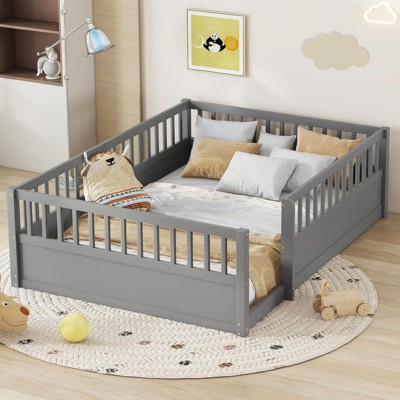 ALEXOUN Floor Bed with Fence & Door - Kids Bed Montessori Frame - Easy Assembly, No Spring Box Needed - for Playroom Bedroom
