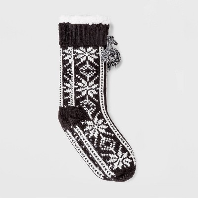 Women's Fair Isle Sherpa Lined Slipper Socks with Poms & Grippers - Black 4-10