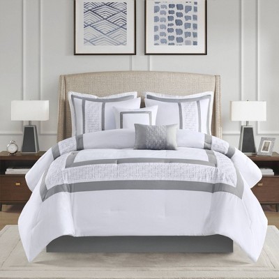 Queen White Microfiber 8-Piece Embroidered Comforter Set