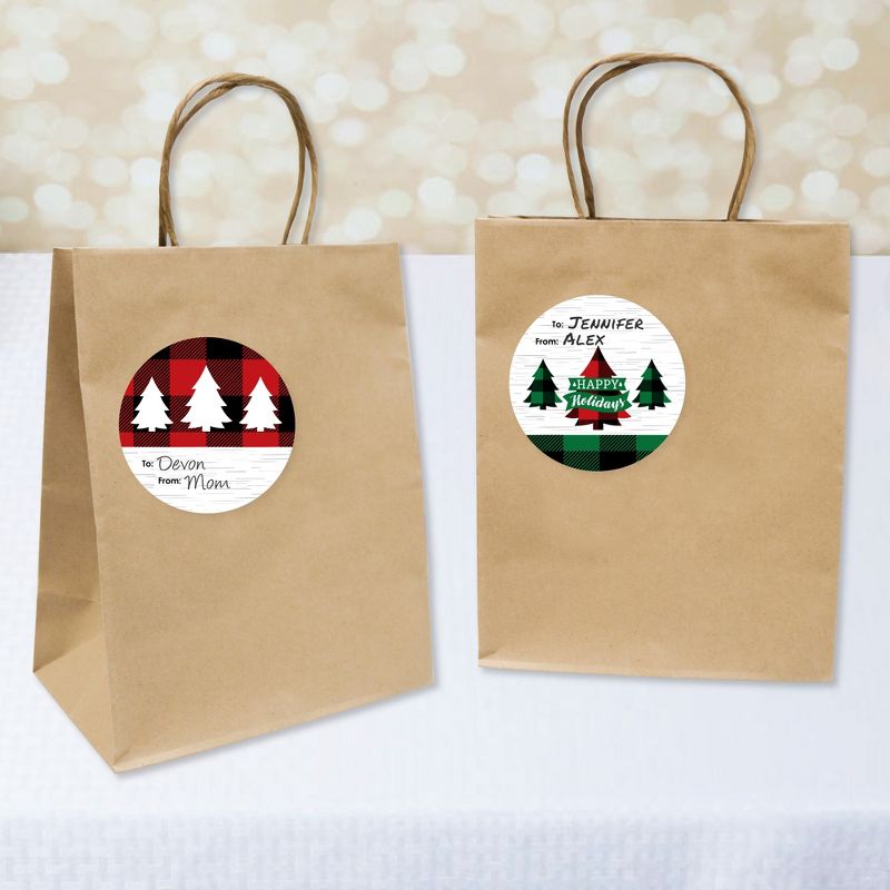 Big Dot of Happiness Holiday Plaid Trees - Round Buffalo Plaid Christmas Party To and From Gift Tags - Large Stickers - Set of 8, 2 of 8