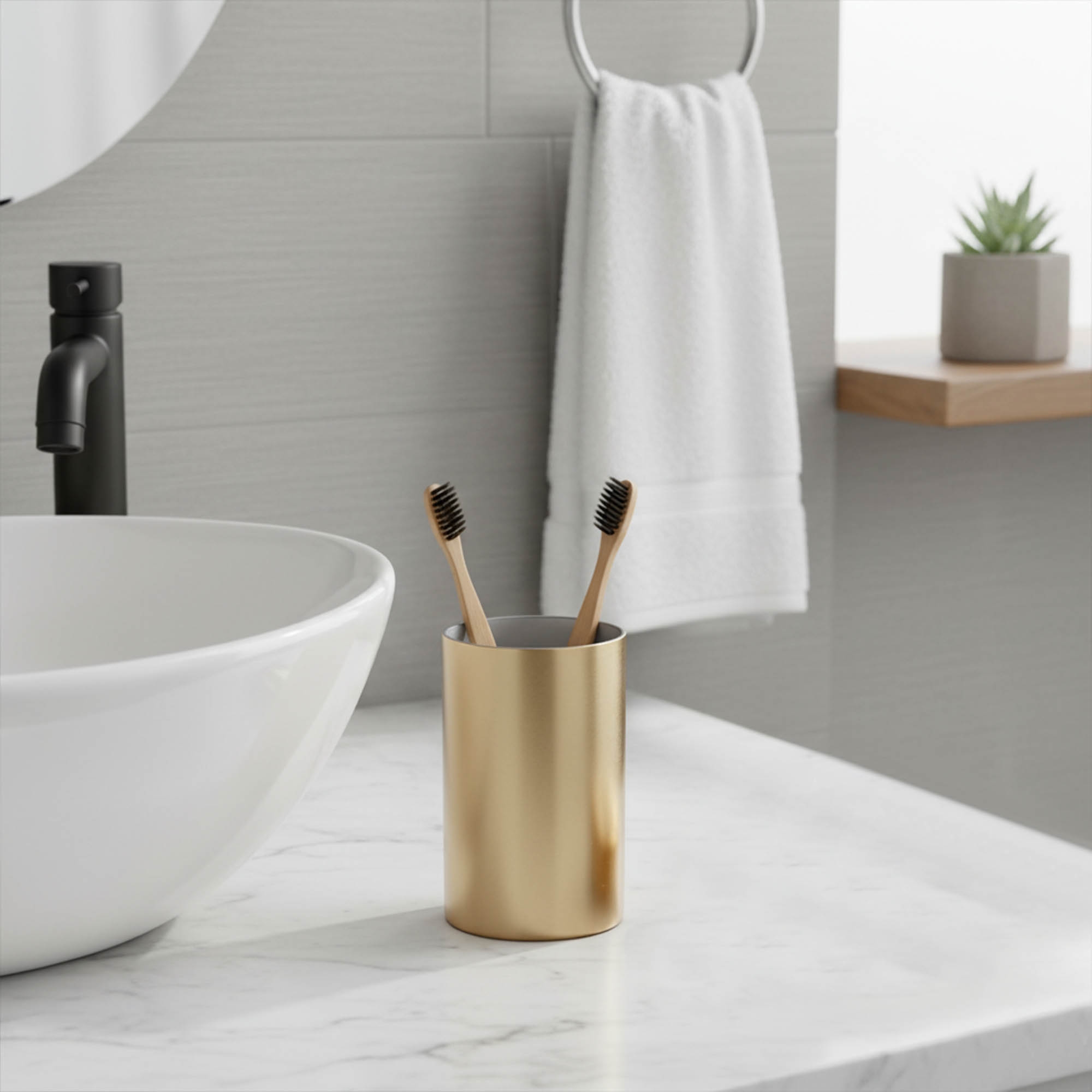Evideco French Home Goods Brushed Gold Bath Tumbler Cup Holder or Toothbrush Holder GOLDEN