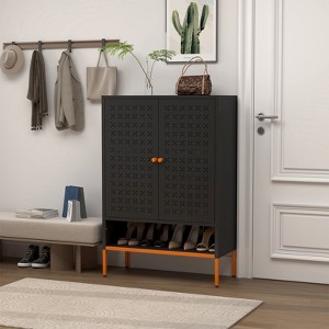 SeaCamel Modern Minimalist Double Door Shoe Cabinet - Adjustable Mesh, High Hollow Base, Robot Vacuum Compatible - 1 of 4