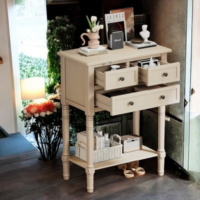 Alilang 23.70 Inch Vintage-Inspired Console Table with Multiple Storage Drawers and Bottom Shelf-Beige