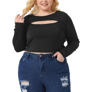 Agnes Orinda Women's Plus Size Long Sleeve Round Neck Cut Out Front Regular Fit Blouses - 1 of 4