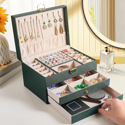 3 Layer Jewelry Box, Lockable Jewelry Holder Organizer with Jewelry Drawer