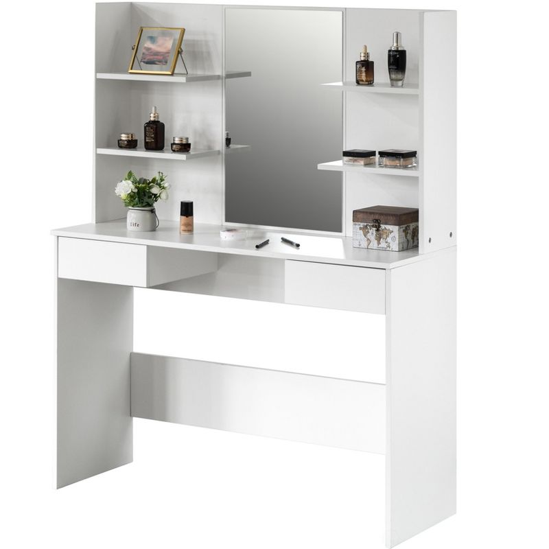 Basicwise Modern Wooden Dressing Table with Drawer, Mirror and Shelves for The Dining Room, Entryway and Bedroom, 1 of 7