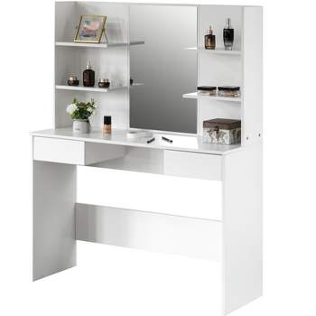 Basicwise Modern Wooden Dressing Table with Drawer, Mirror and Shelves for The Dining Room, Entryway and Bedroom