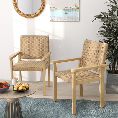 Natural Rubber Wood Dining Armchairs with Paper Rope Woven Seat, Set of 2
