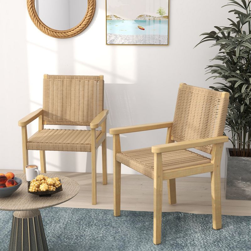 Costway Patio Chair Set of 2/4 Rubber Wood Dining Armchairs Paper Rope Woven Seat Balcony, 2 of 9
