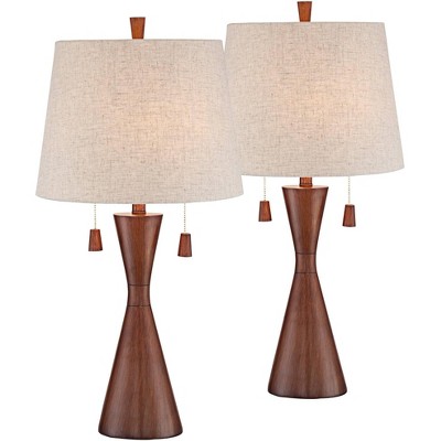 360 Lighting Mid Century Modern Table Lamps Set of 2 Brown Wood Oatmeal Tapered Drum Shade for Living Room Family Bedroom Bedside