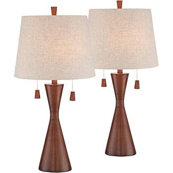360 Lighting Omar Modern Modern Mid Century Table Lamps 28 3/4" Tall Set of 2 Brown Wood Oatmeal Tapered Drum Shade for Bedroom Living Room Bedside