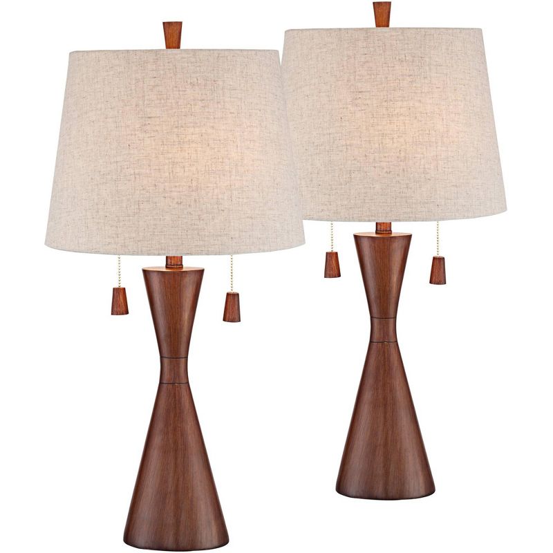 360 Lighting Omar Modern Modern Mid Century Table Lamps 28 3/4" Tall Set of 2 Brown Wood Oatmeal Tapered Drum Shade for Bedroom Living Room Bedside, 1 of 7