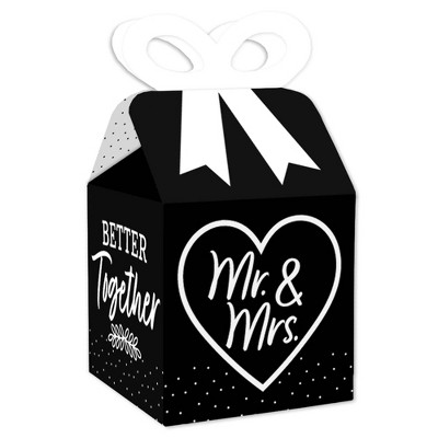 Big Dot of Happiness Mr. and Mrs. - Square Favor Gift Boxes - Black and White Wedding or Bridal Shower Bow Boxes - Set of 12