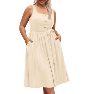 Imily Bela Women Plus Size Summer Sleeveless Square Neck A Line Pleated  Tank Dress with Belt Beige 4XL : Target