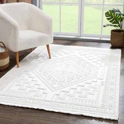 Hauteloom Ivory Alya 3D Medallion Fringe   Area Rug