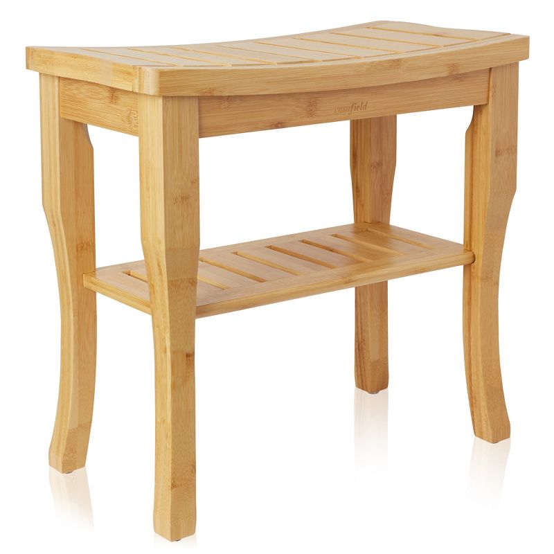 Casafield Bamboo Bathroom Bench Spa Stool, Curved Seat with Storage Shelf, 1 of 8