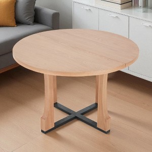 Mshliw 48" Round Farmhouse Dining Table for 4, Solid Wood and MDF Pedestal Base Kitchen Table, Compact Space-Saving Dining Room Table - 1 of 4