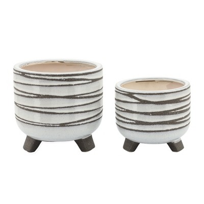 Sagebrook Home Set of Two 6"/8" Ceramic Abstract Design Footed Planters