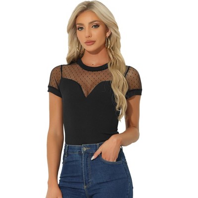 Allegra K Women's Short Sleeve Mesh Panel V-Neck Casual Knit Bodysuit